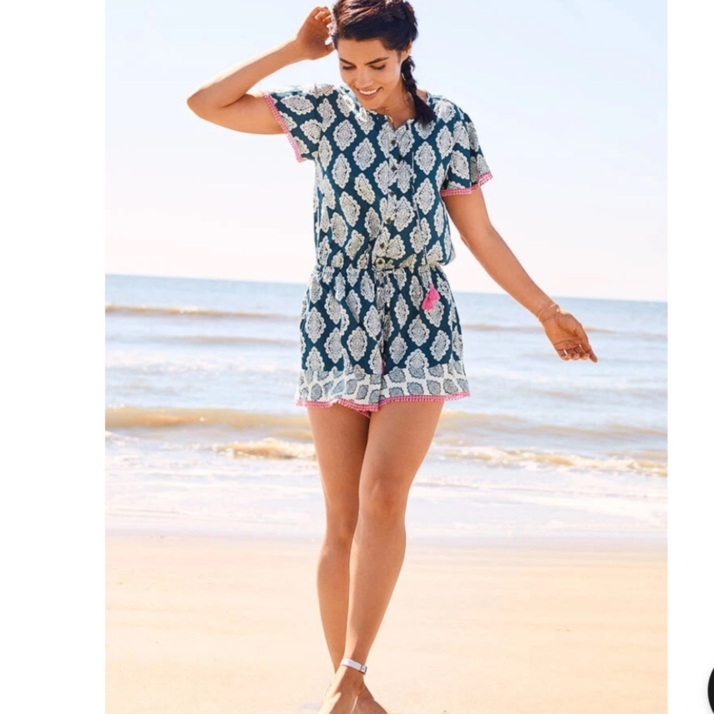 Matilda Jane Blue and White Jumpsuit with Pink Accents - Picture 4 of 5